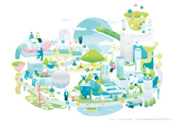 DOWAエコシステム様の会社案内イラストを担当しました。
「素材が循環していく様子」を中心に、その上に築かれる健やかな未来を描いています。
日々進化する研究や新しい発見、そして世界を見据えた環境ビジネスの姿を、温かく前向きなトーンで表現しました。