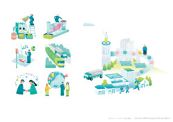 DOWAエコシステム様の会社案内イラストを担当しました。
「素材が循環していく様子」を中心に、その上に築かれる健やかな未来を描いています。
日々進化する研究や新しい発見、そして世界を見据えた環境ビジネスの姿を、温かく前向きなトーンで表現しました。