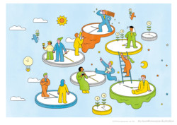 TOPPAN 情報誌 ideanote vol.153 表紙イラスト(2023年発行)
あわただしい時もあるけれど、心地よい時間と共に働く人々の姿を描きました。とろける時計や植物の時計など、ユーモラスなモチーフを添えて。