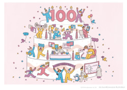 TOPPAN 情報誌 ideanote vol.154 表紙イラスト(2024年発行)
「人生100年時代」をテーマに、健康な暮らしや研究をモチーフにしました。100の数字を遊び心とともに散りばめ、明るい未来を描いています。